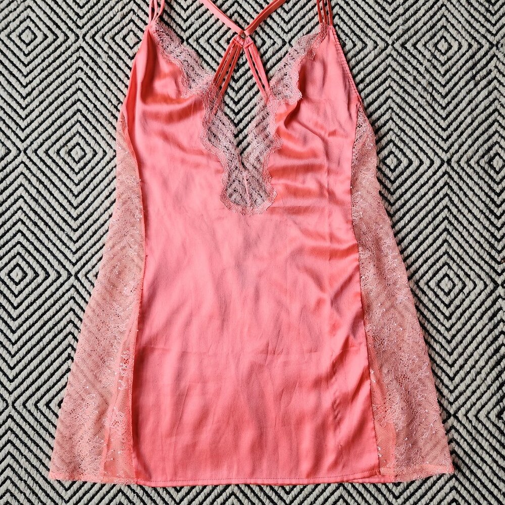 Victoria's Secret Luxurious Satin Lace Trim Plunge Slip Dress, Coral, Size M